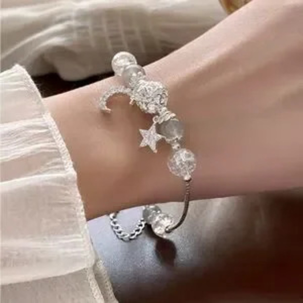 Silver Star and Moon Charm Beaded Bracelet